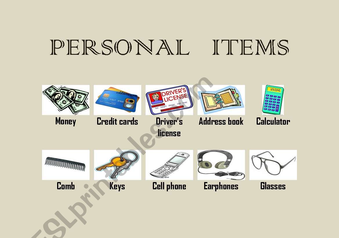 Personal items worksheet