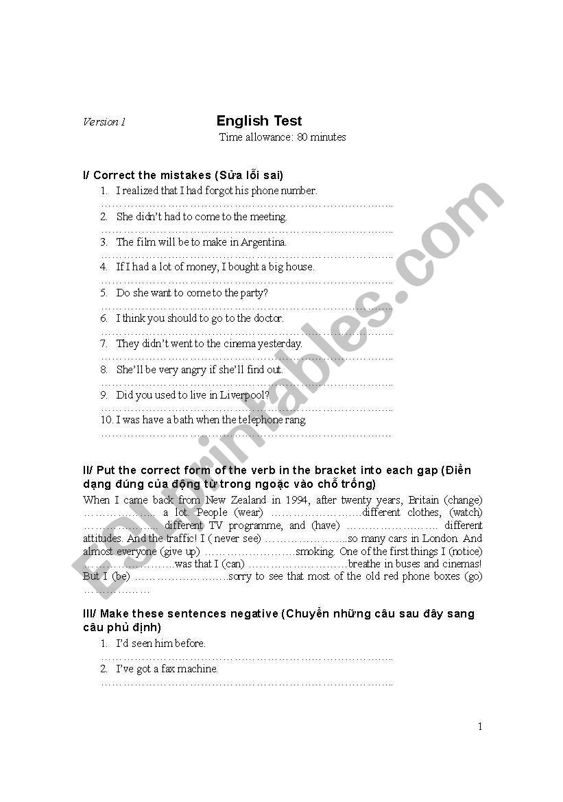 English test worksheet