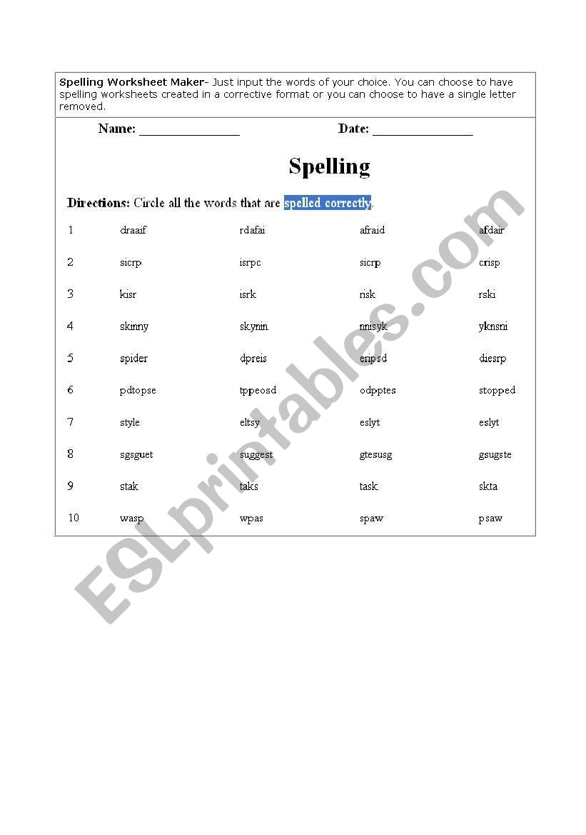 Spelling worksheet worksheet