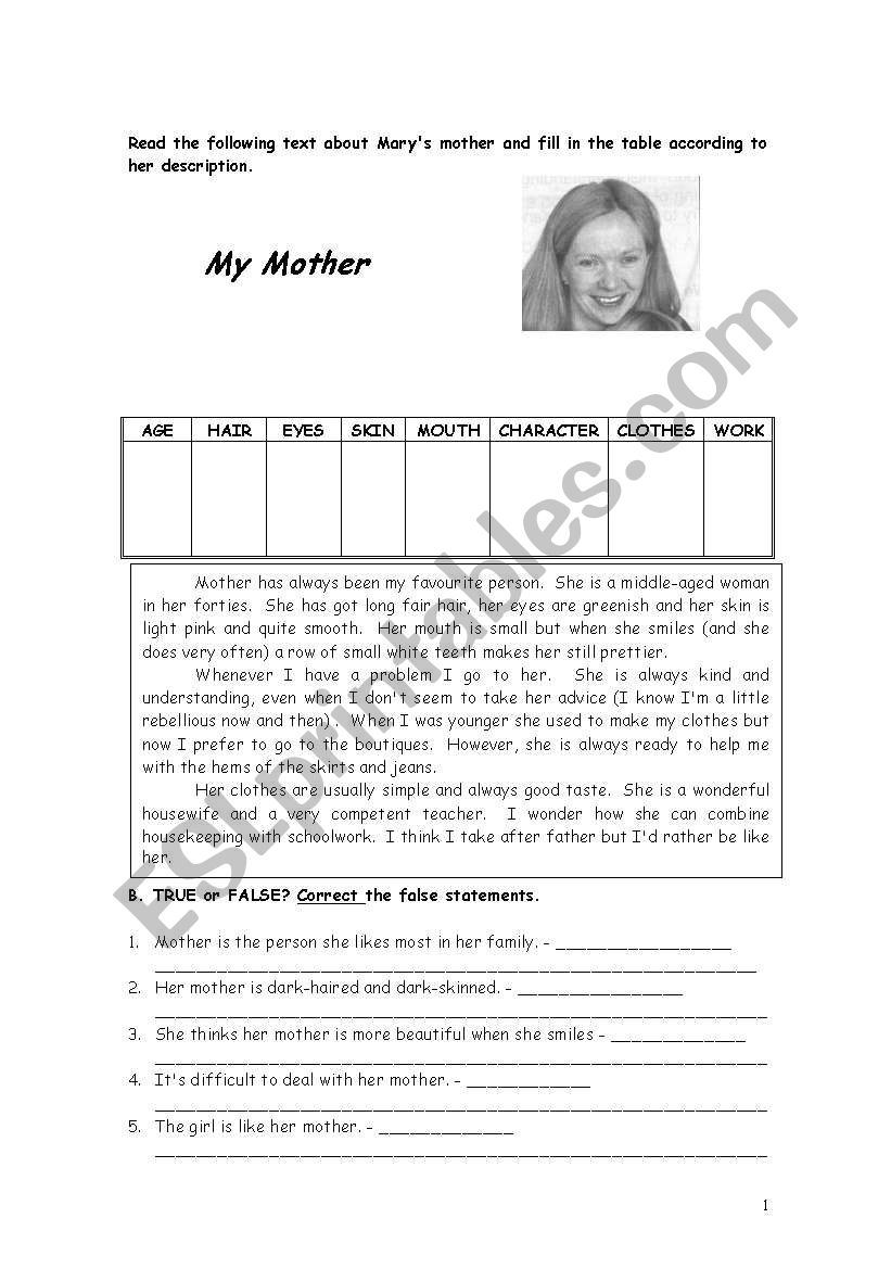 My Mother worksheet