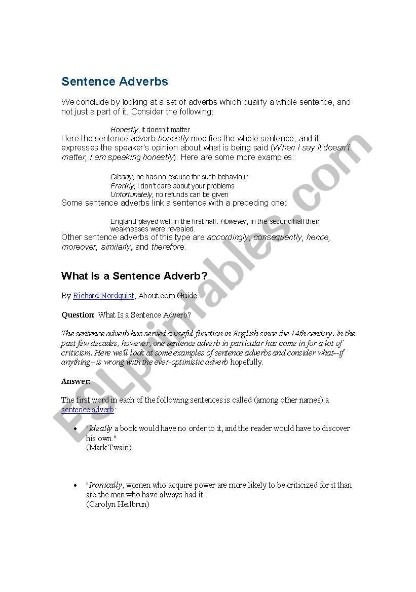 sentence adverbs worksheet