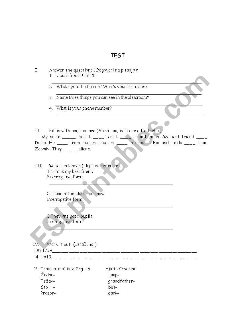 TEST (4TH GRADE) worksheet