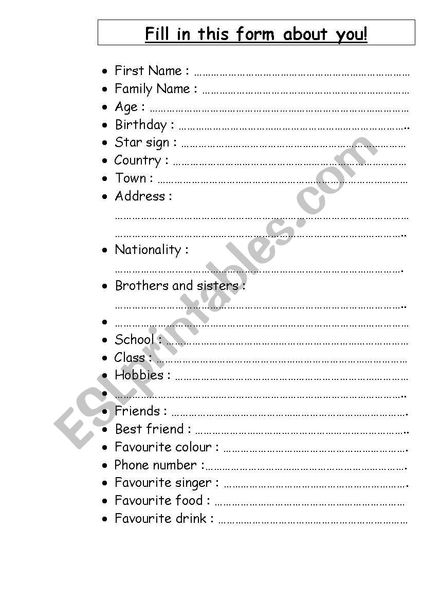 Fill in this form about you! worksheet
