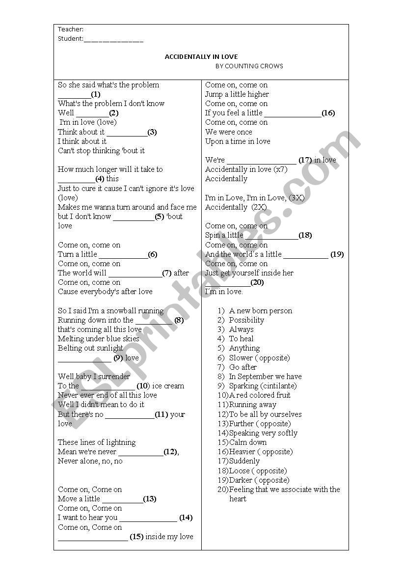 Accidentally in love worksheet