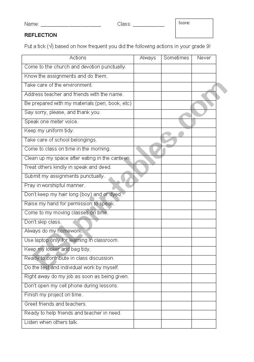 StudentsÂ´ reflection worksheet