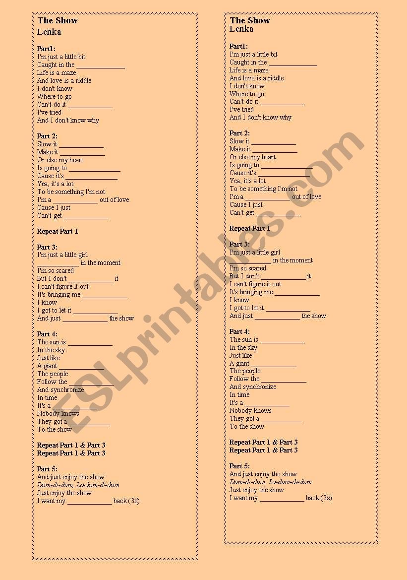 SONG The Show - Lenka worksheet