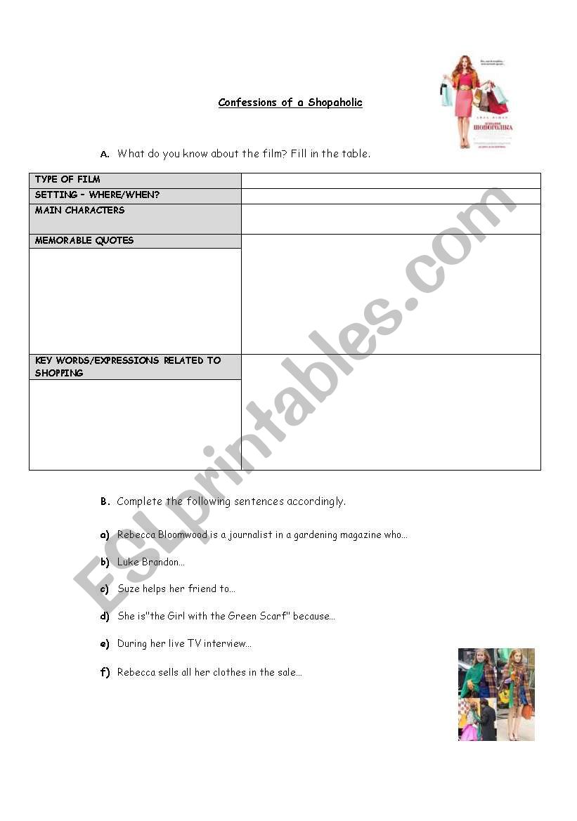 Confessions of a shopaholic worksheet