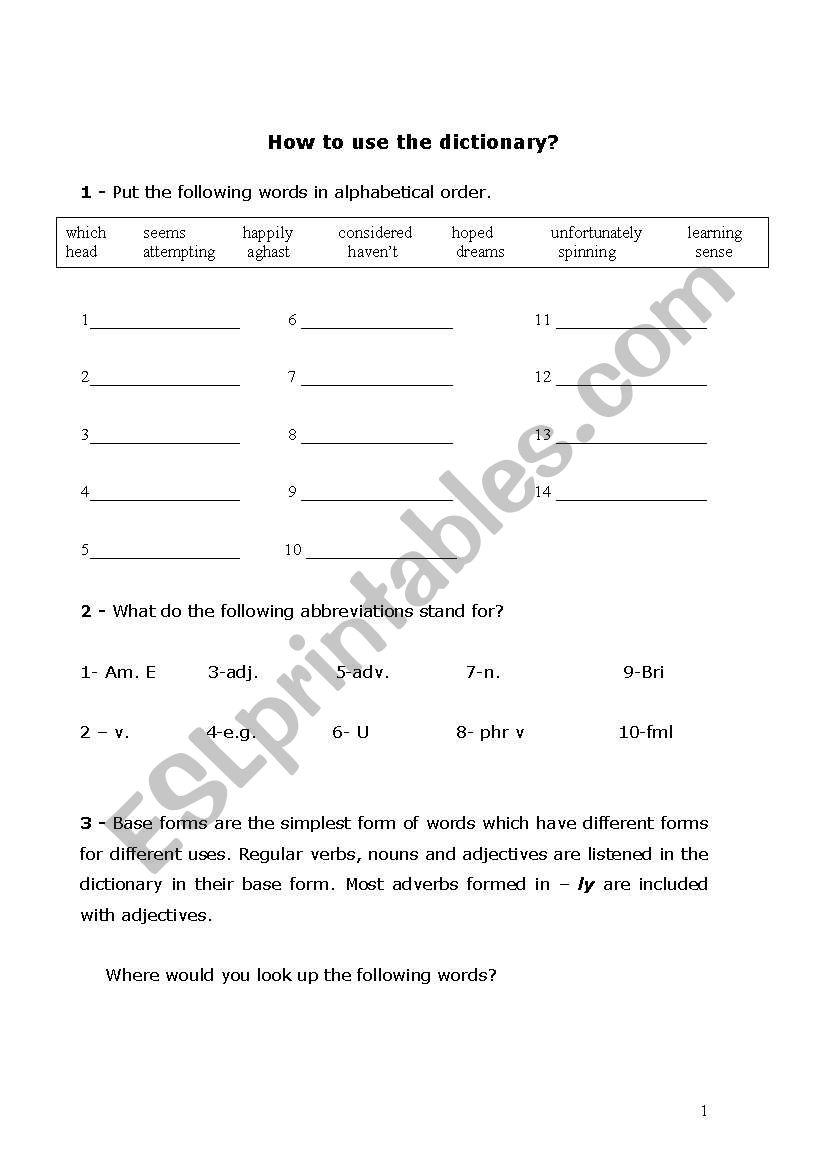 Working with the dictionary worksheet