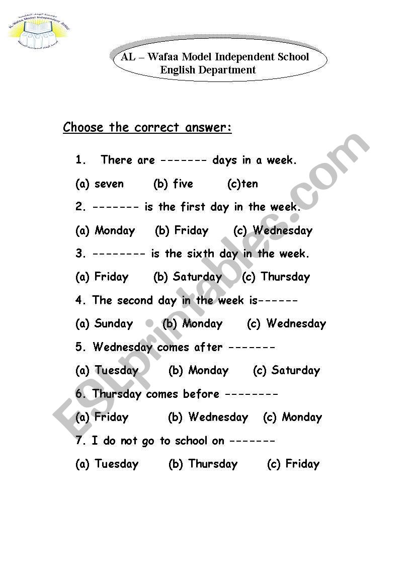 months and days  worksheet