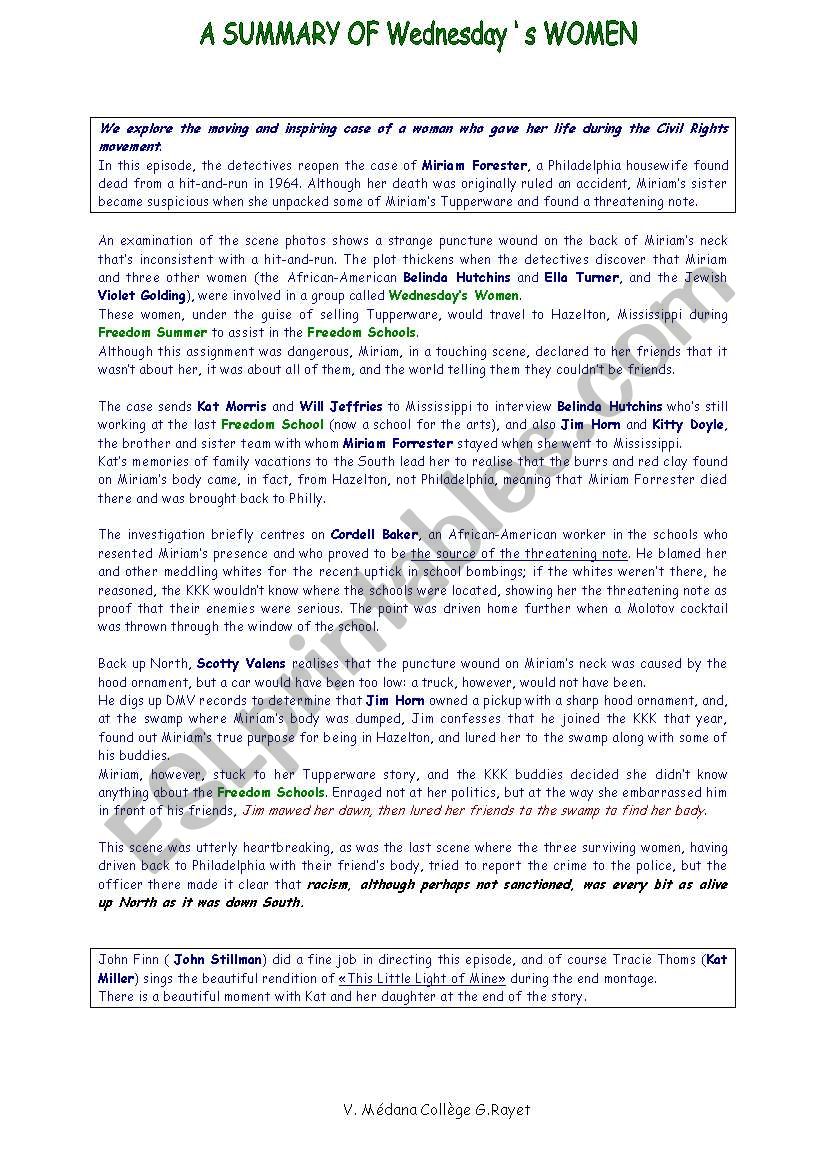 A SUMMARY OF episode 3 season 6 COLD CASE : Wednesday´s women A SUMMARY OF episode 3 season 6 COLD CASE : Wednesday´s women