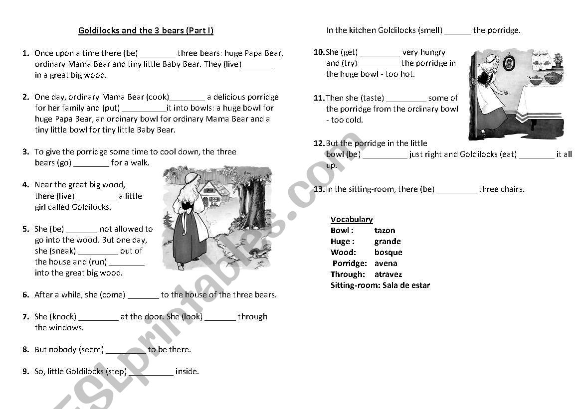 Past with Goldilocks part I worksheet