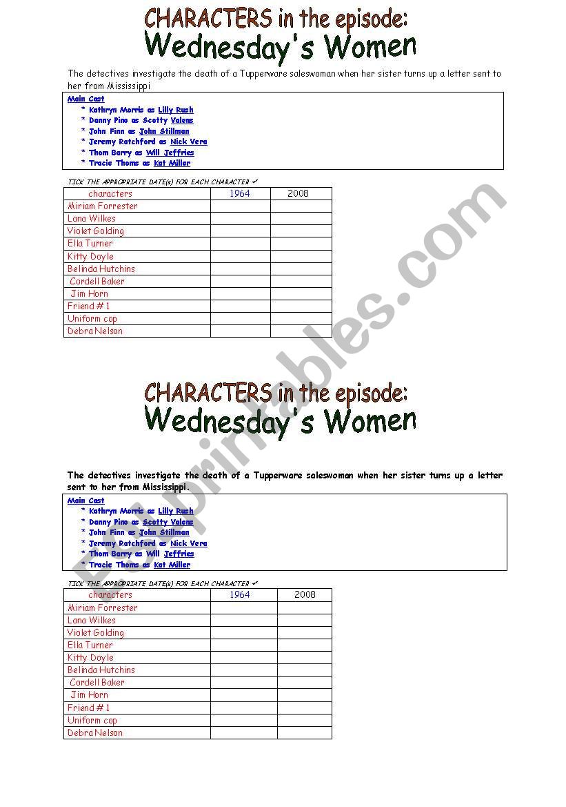 WEDNESDAYs WOMEN  from TV series COLD CASE  grid of characters 