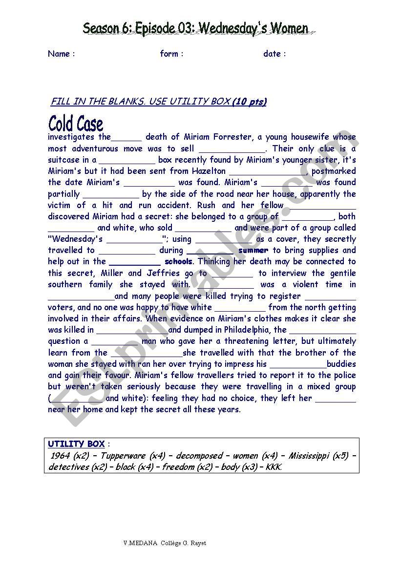 FILL IN THE BLANKS  episode TV series COLD CASE : Wednesday´s women FILL IN THE BLANKS  episode TV series COLD CASE : Wednesday´s women