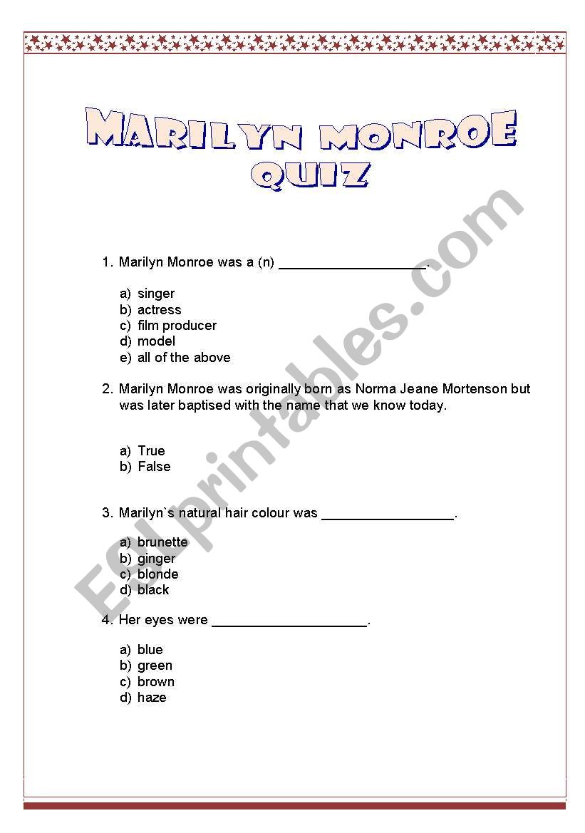 Marilyn Monroe Quiz worksheet