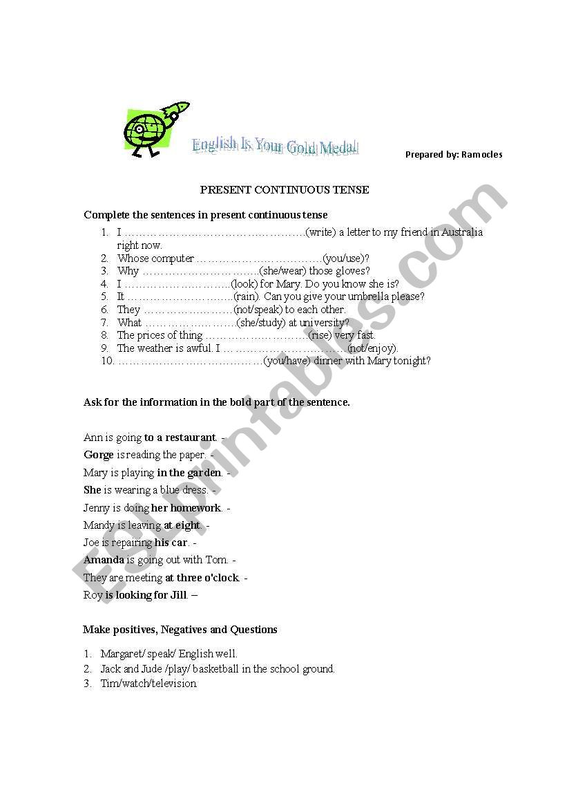 present continues tense worksheet