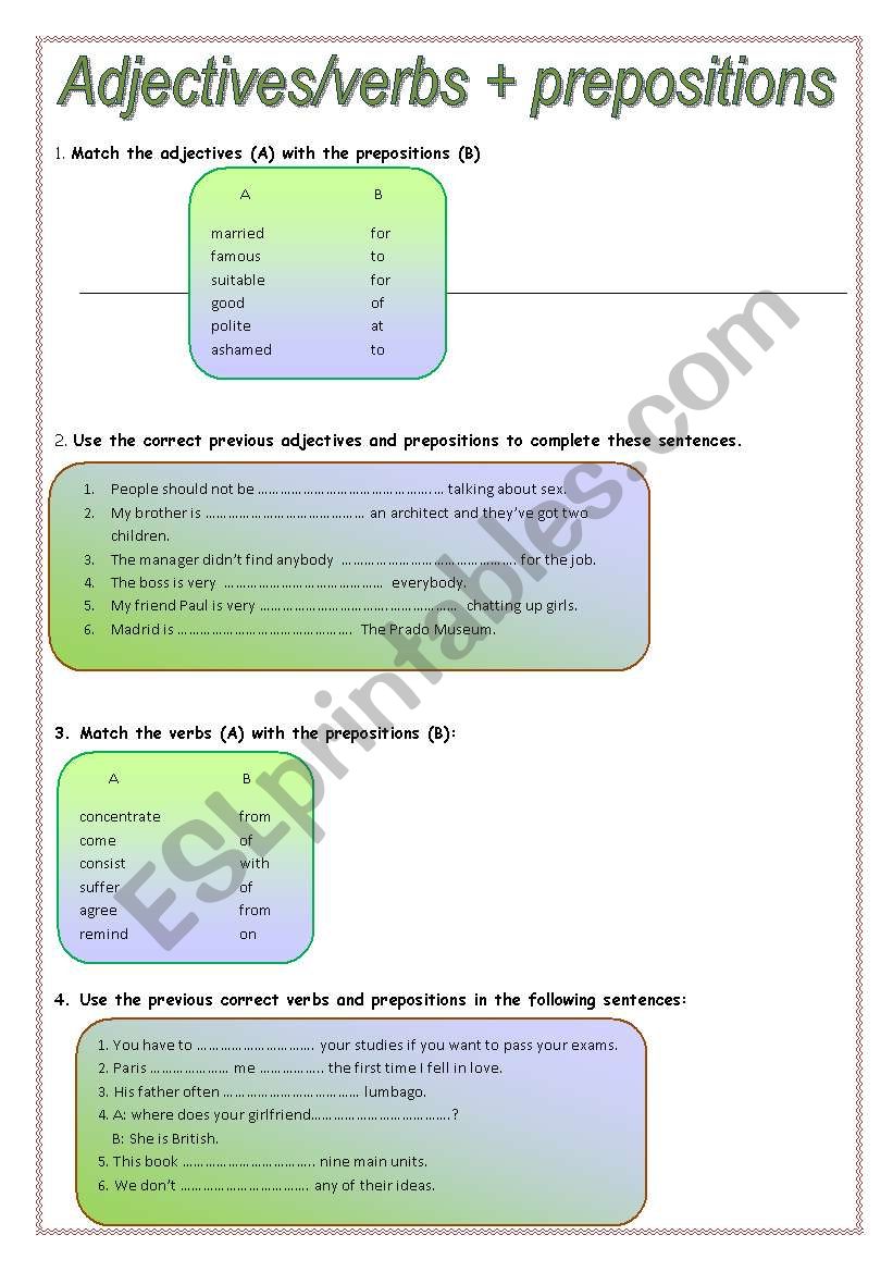 PREPOSITIONS AFTER ADJECTIVES OR VERBS