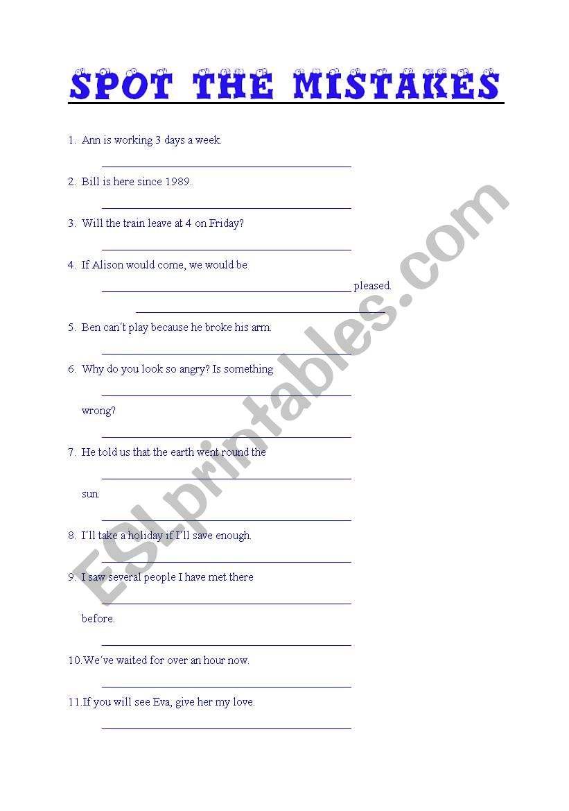 Spot the mistakes worksheet