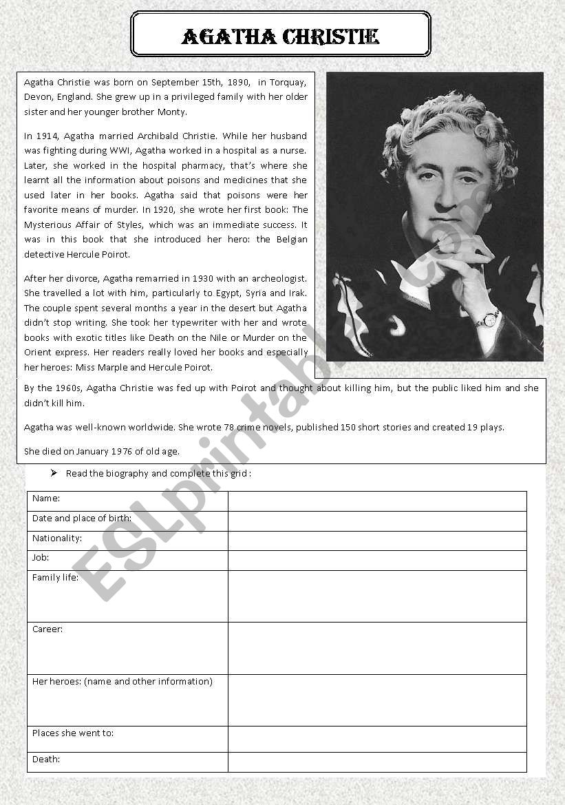 Agatha Christie biography worksheet