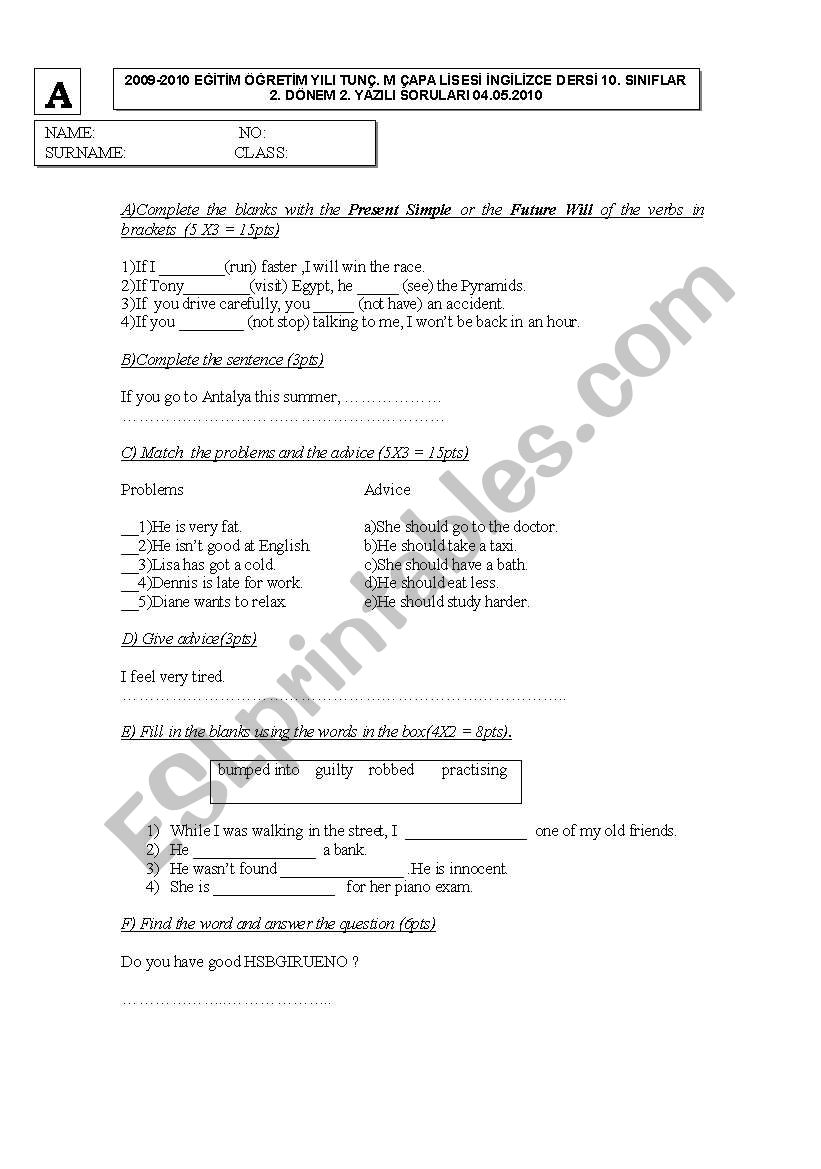 english exam worksheet