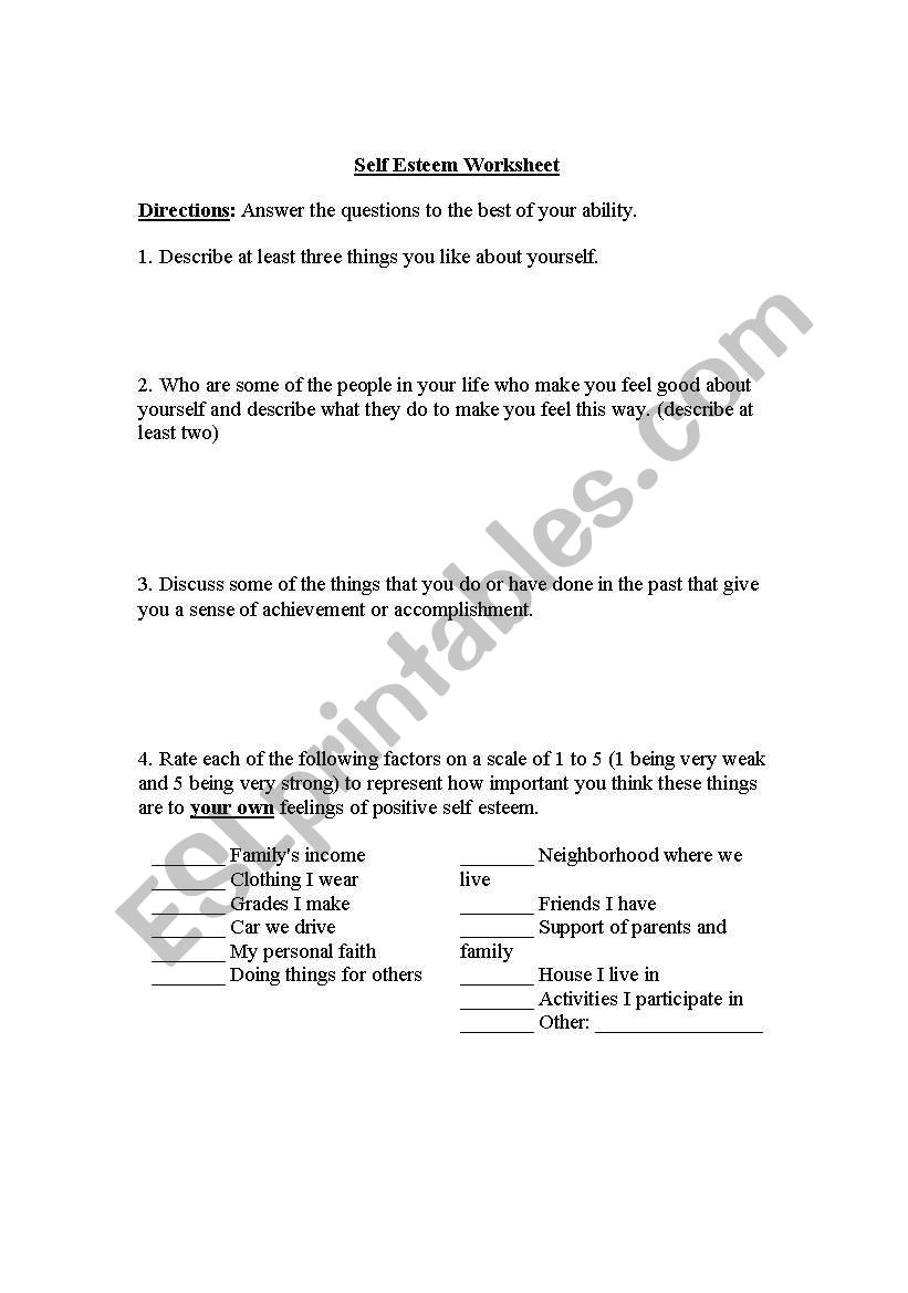 self esteem worksheet worksheet