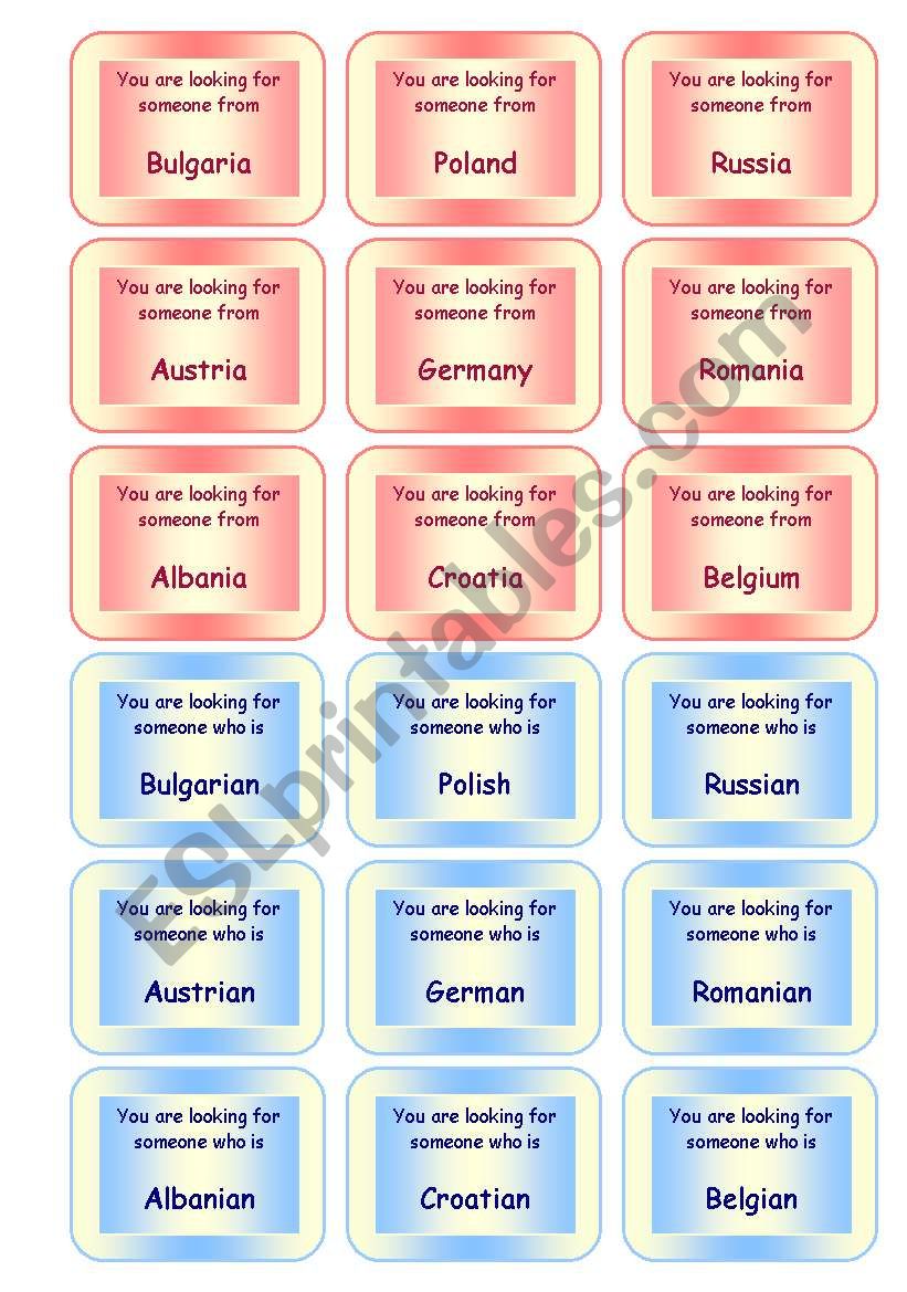 FUNNY SPEAKING GAME ON COUNTRIES AND NATIONALITIES  72 CARDS / SET 1  GOOD FOR ADULTS, TOO!! (5 pages)