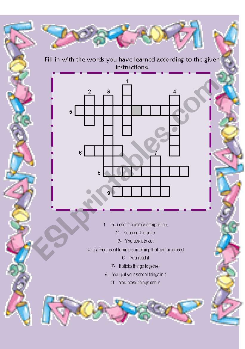 school objects crossword - with key