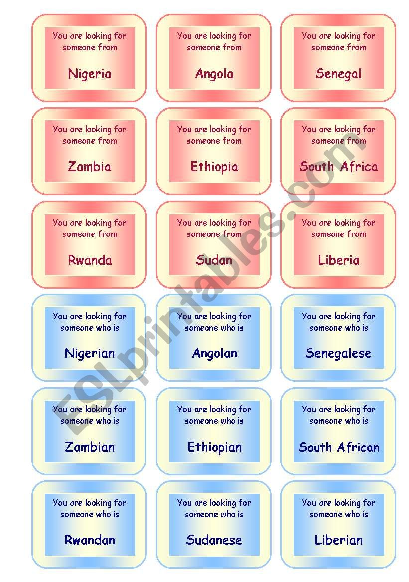 FUNNY SPEAKING GAME ON COUNTRIES AND NATIONALITIES  72 CARDS / SET 2  GOOD FOR ADULTS, TOO!! (5 pages)