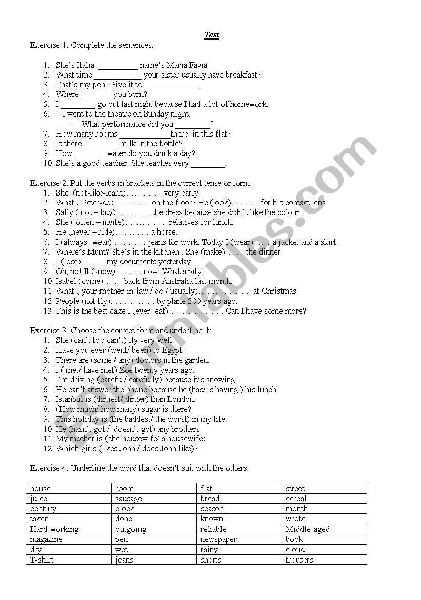 Elementary Test worksheet