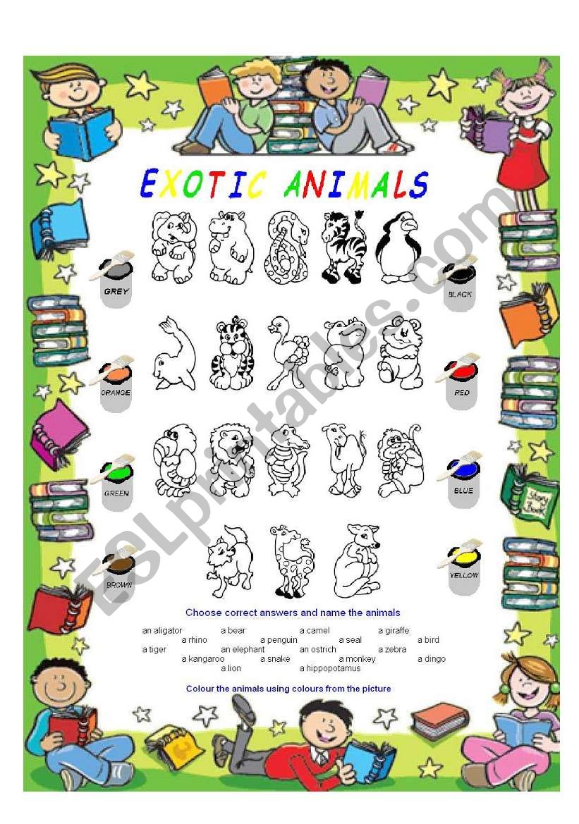 Exotic animals and colours worksheet