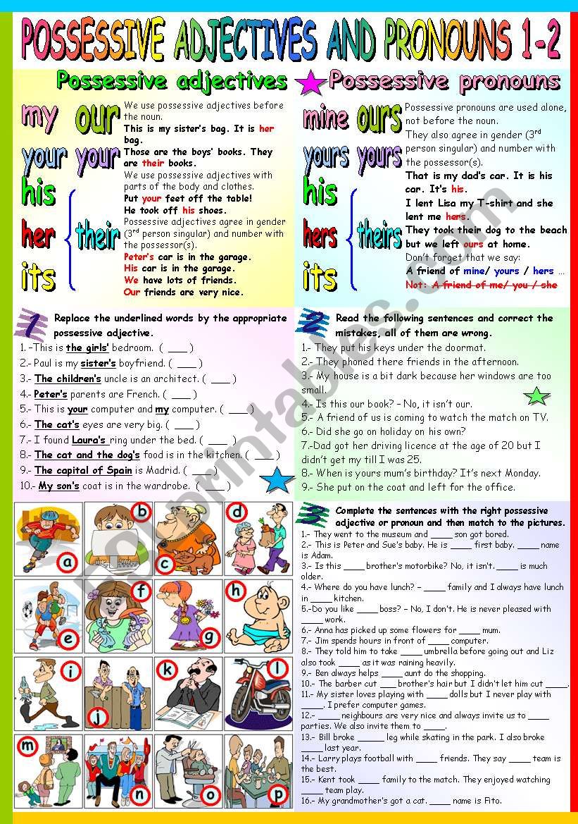 POSSESSIVE ADJECTIVES AND PRONOUNS 1-2 (B&W VERSION+KEY INCLUDED)