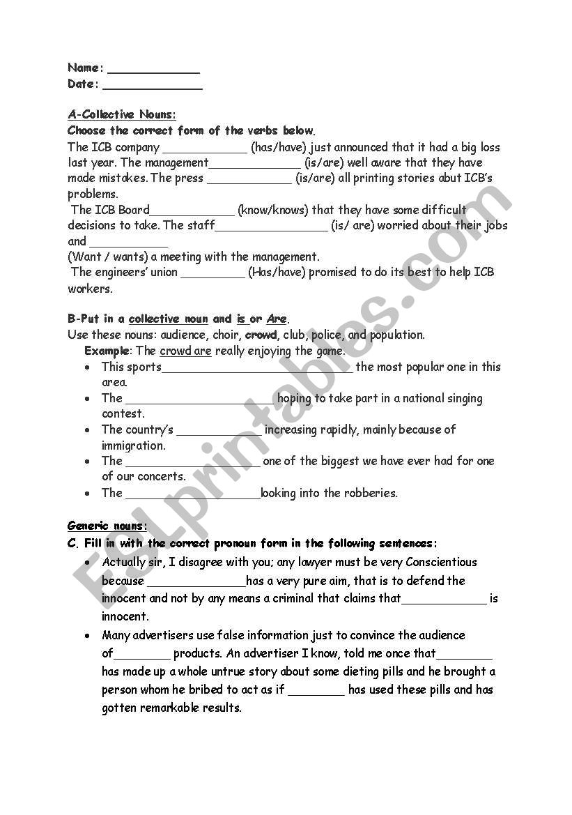 Nouns ( generic, collective and reflexive/ Emphatic) worksheet