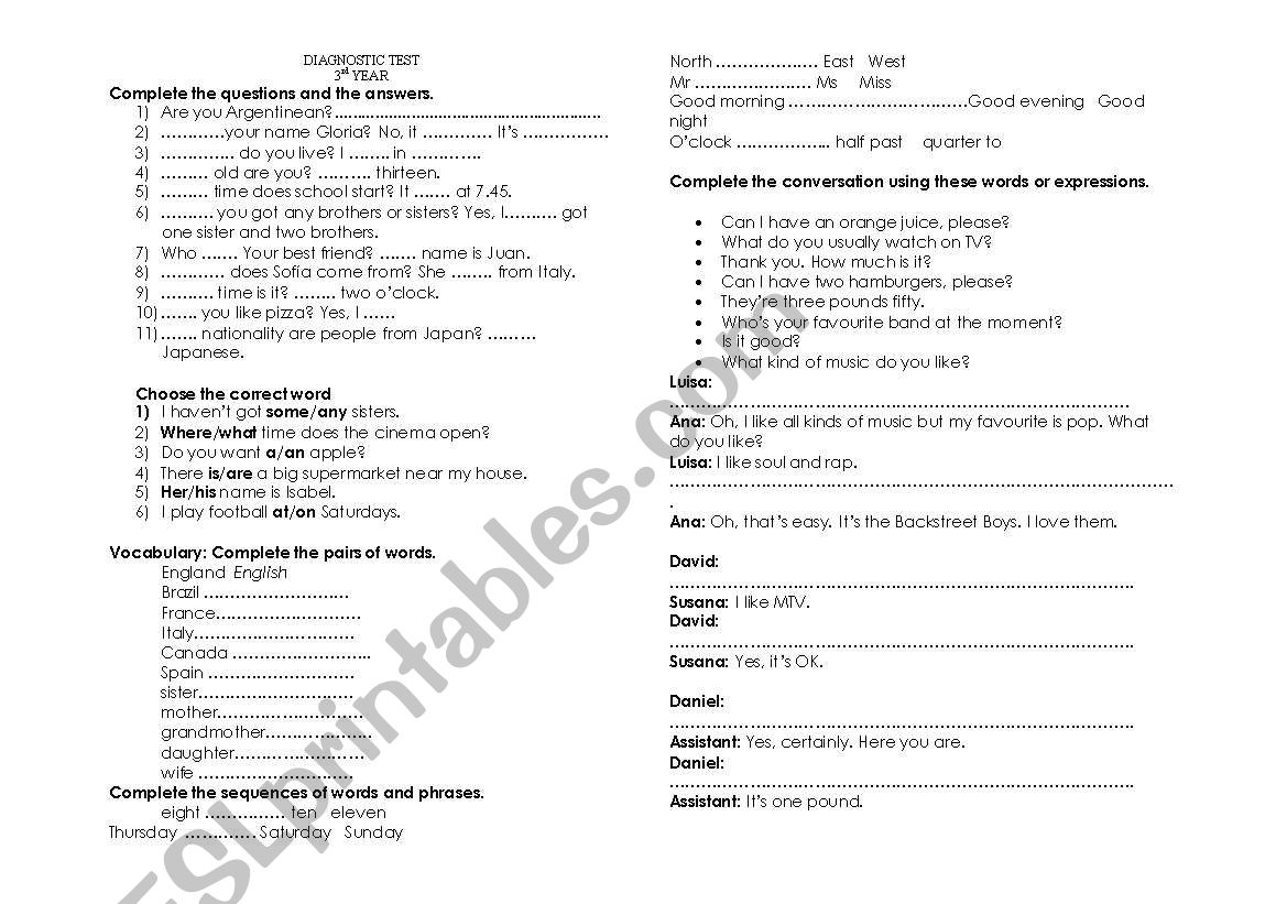 Revision test for 9th grade or 1st Polimodal