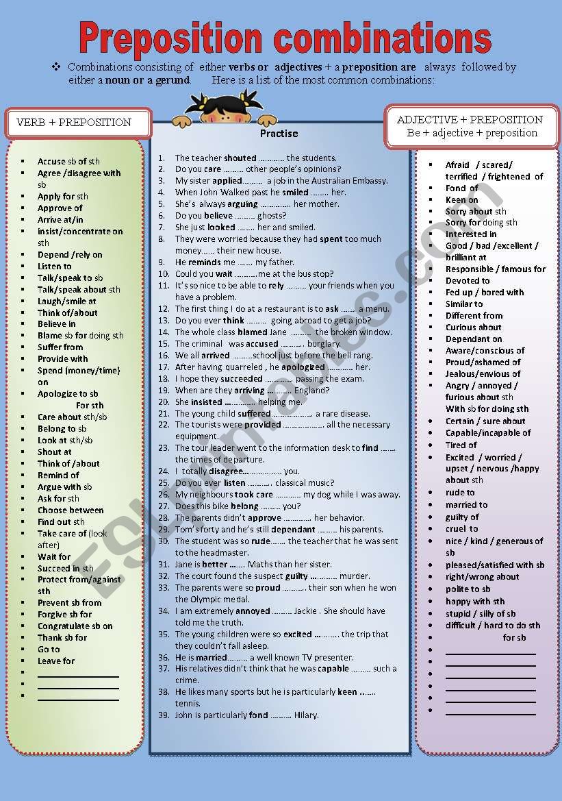 preposition combinations worksheet