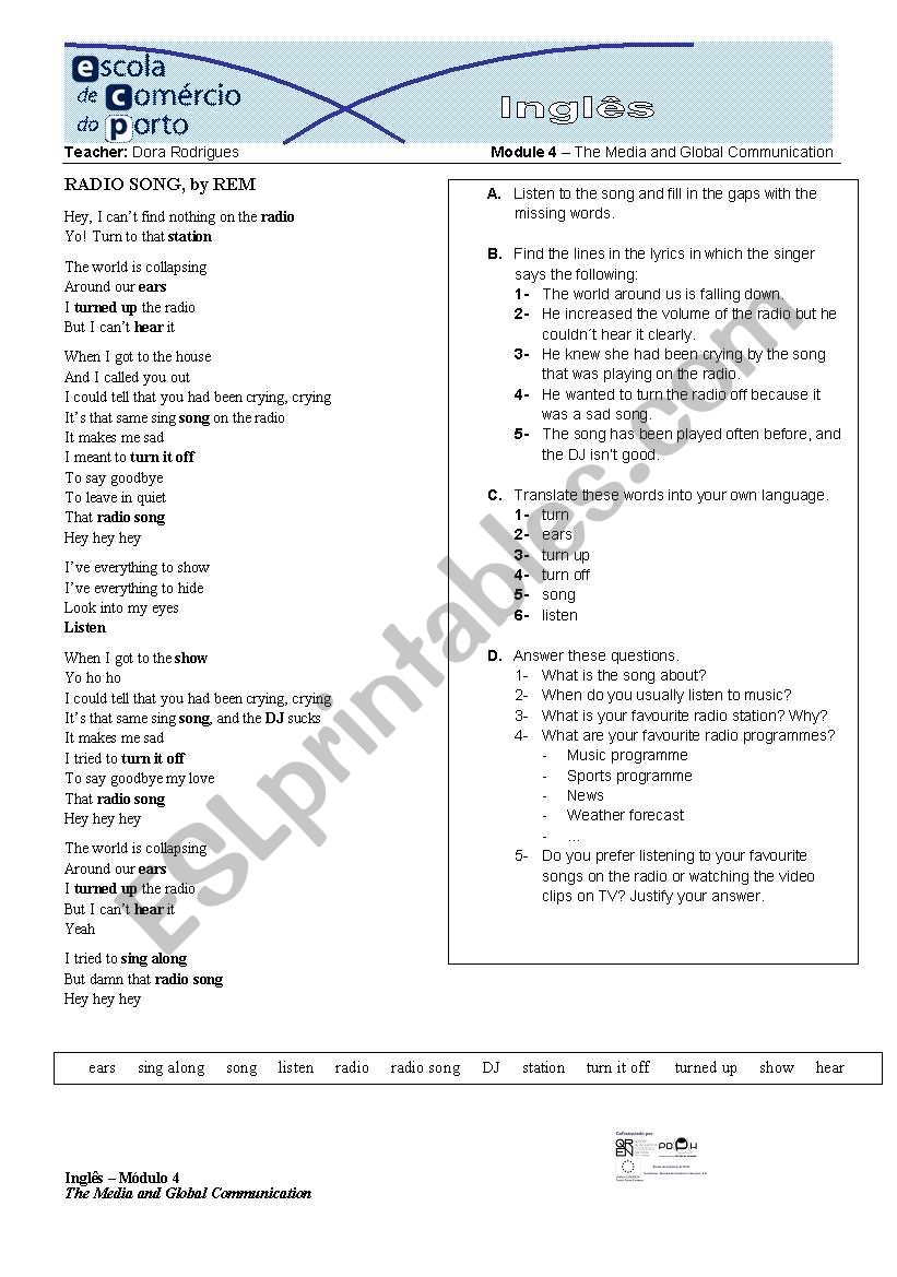 Radio song, by REM worksheet