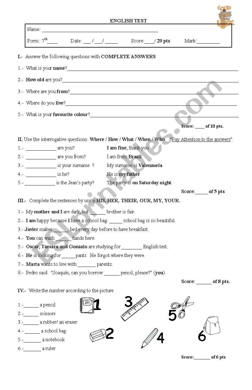 ENGLISH TEST 7 worksheet