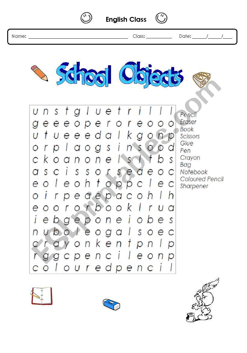 School Objects - Wordsearch worksheet