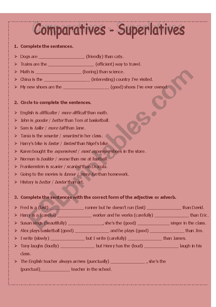 comparatives superlatives worksheet