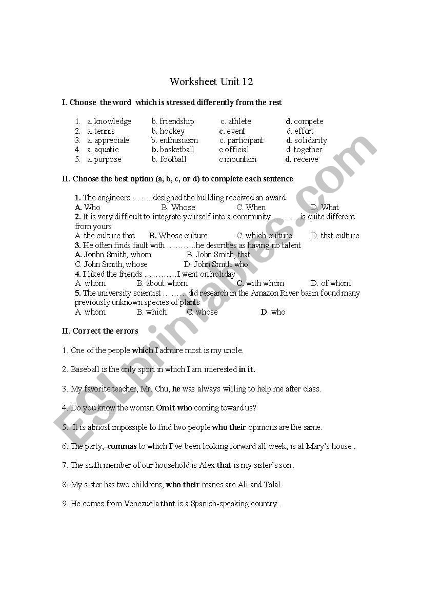 worksheet for intermidiate level