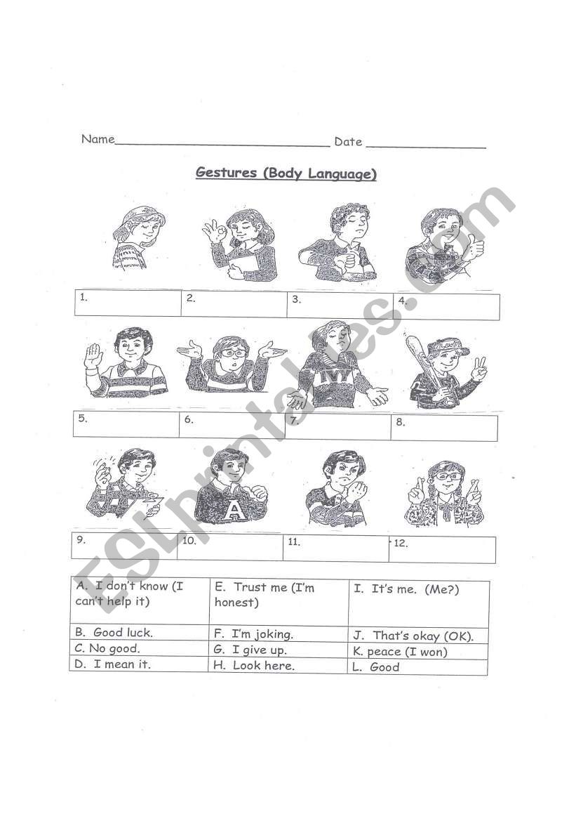 Gestures worksheet