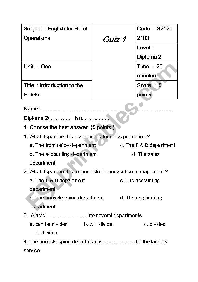 sample quiz worksheet