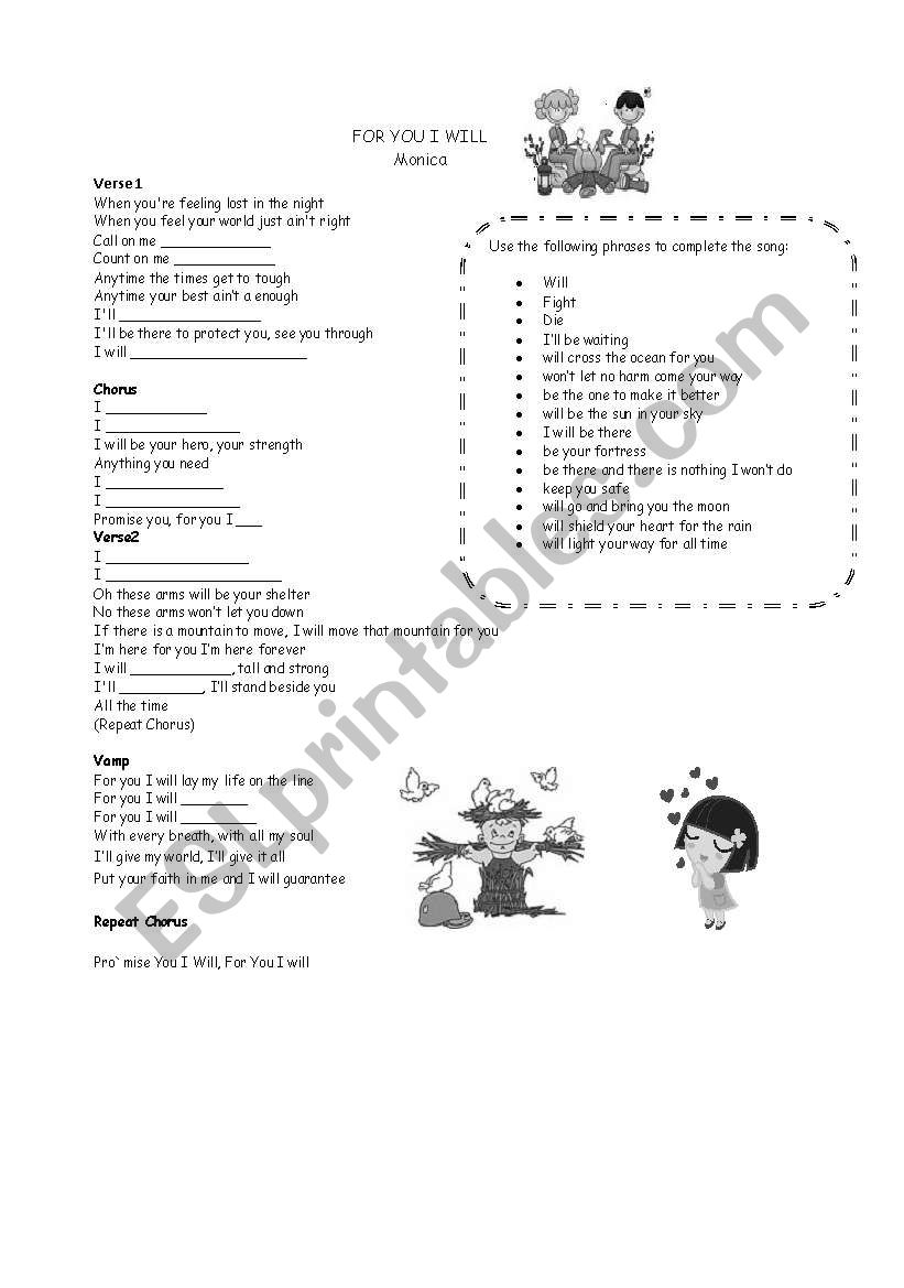 SONG FOR YOU I WILL BY MONICA worksheet