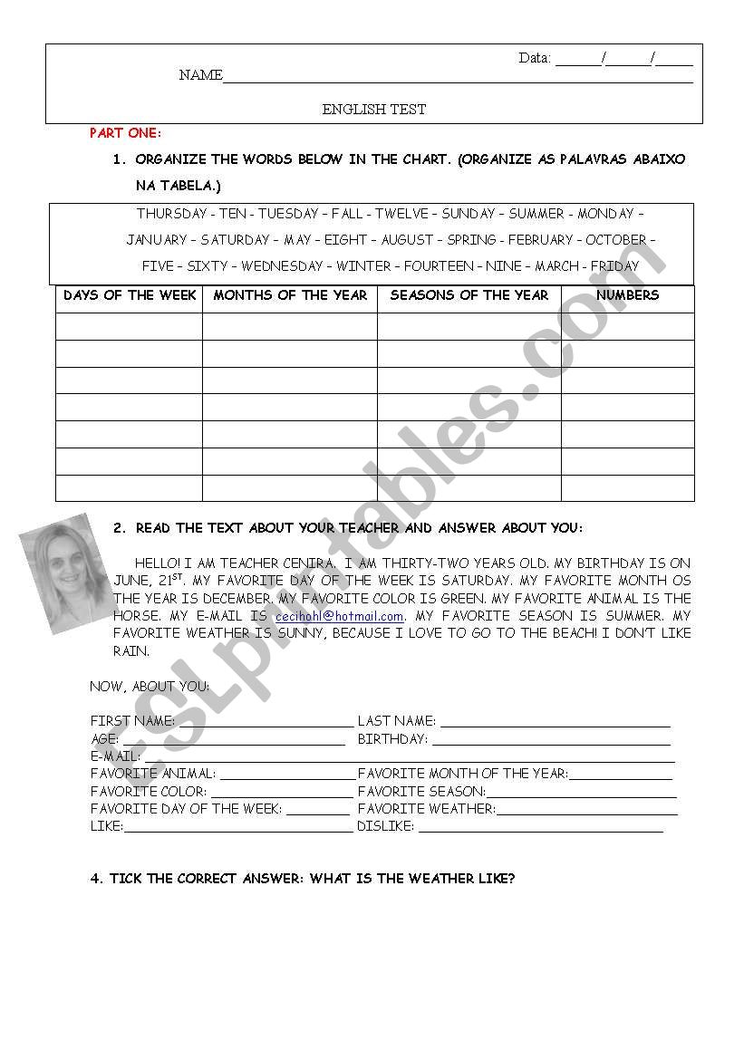 English Test 5th - 8th grade worksheet