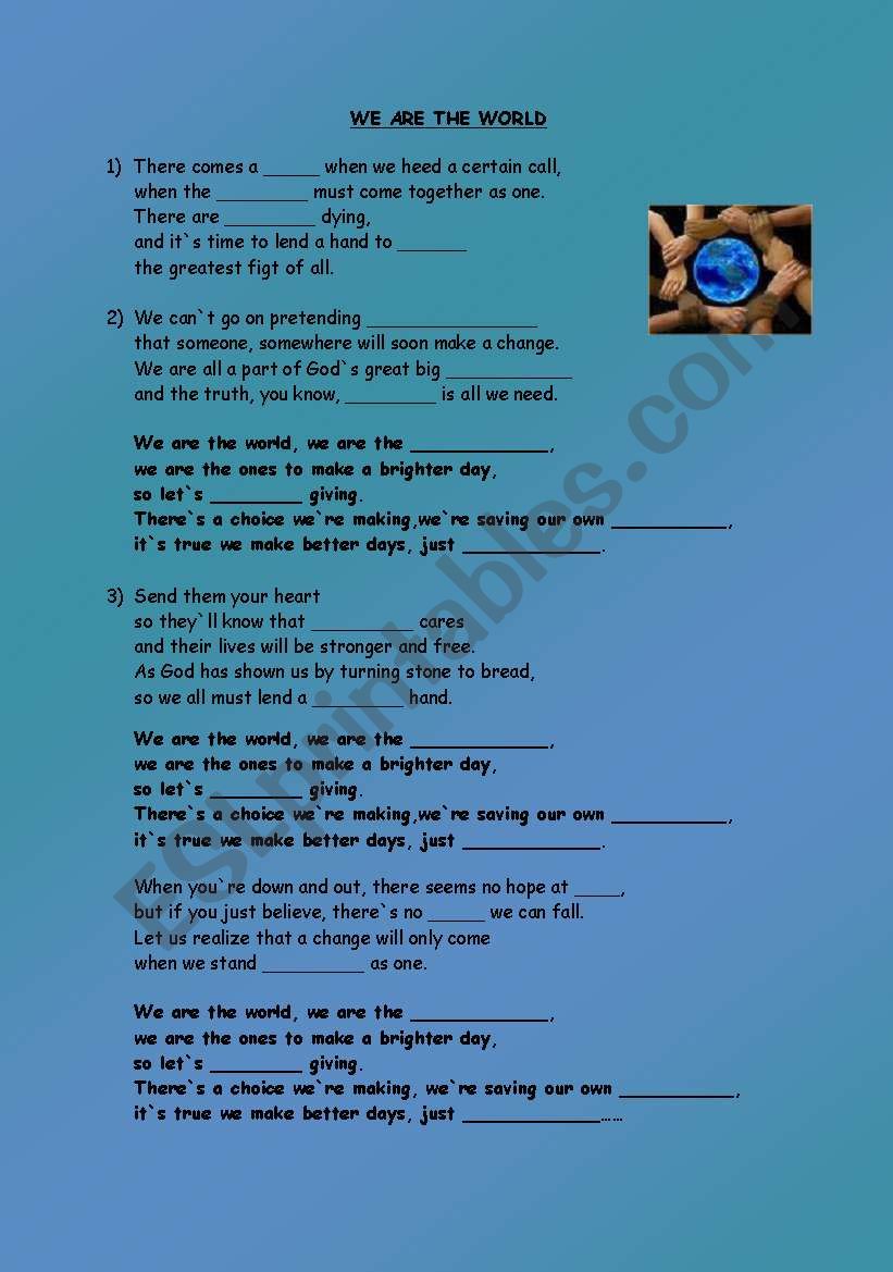 Song: We are the world worksheet