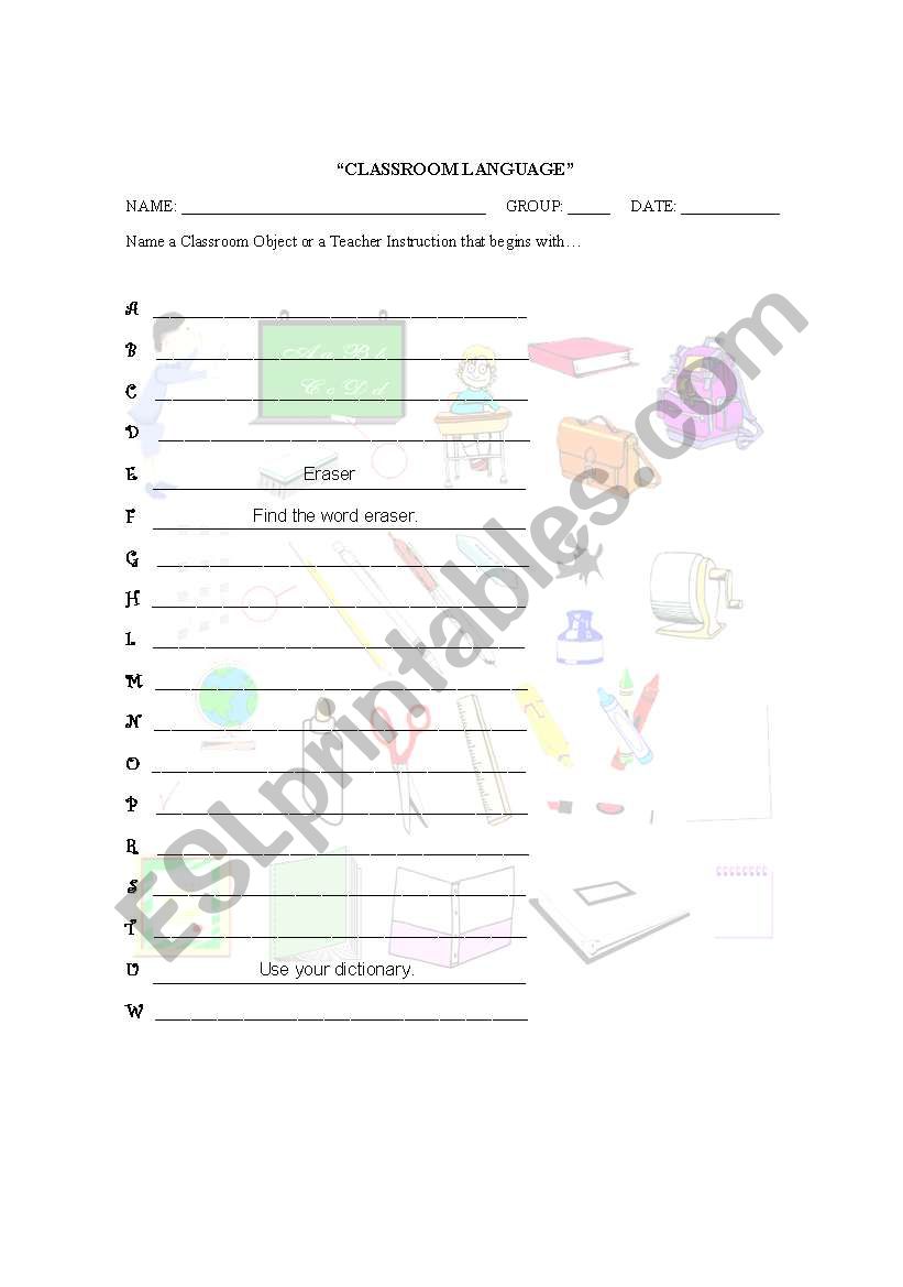 classroom language worksheet