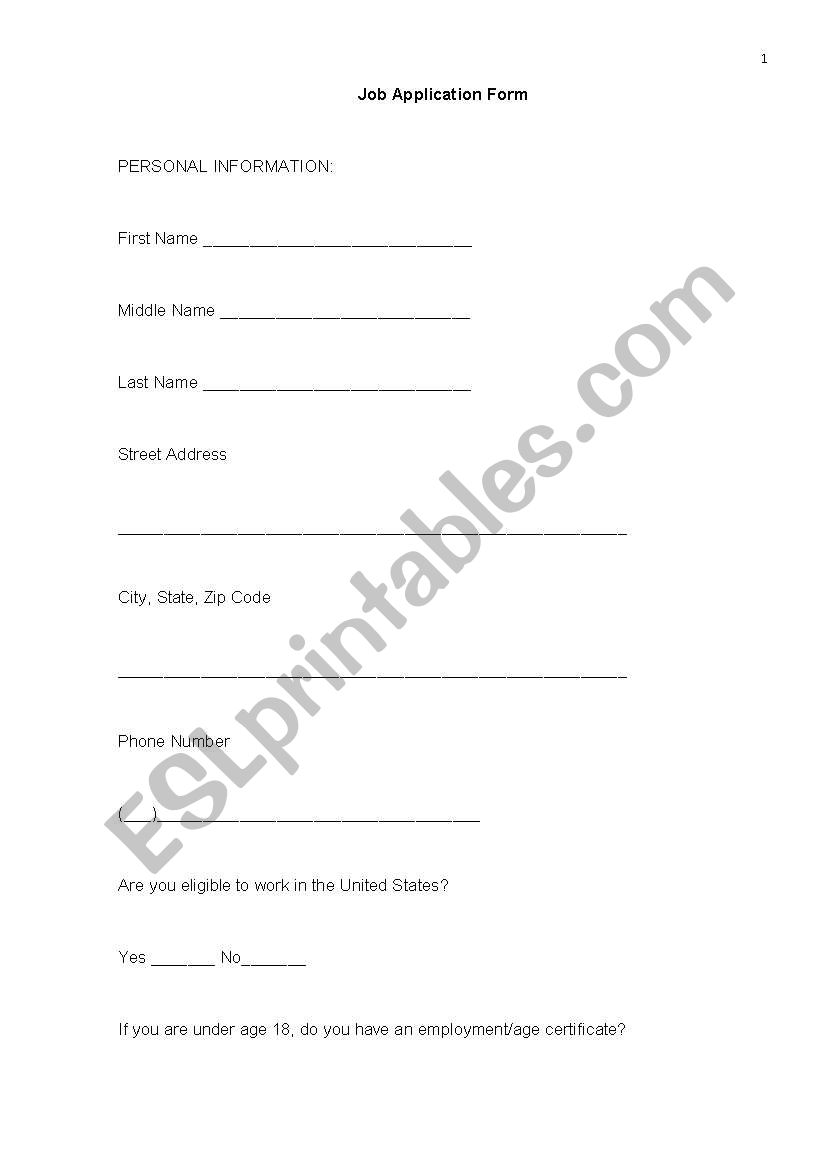 Job Application Form worksheet