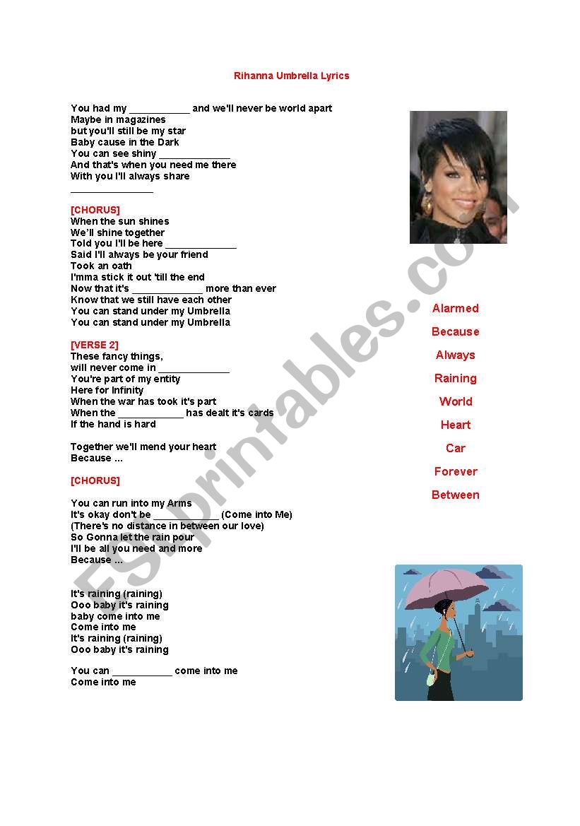 Rihanna Umbrella Lyrics worksheet