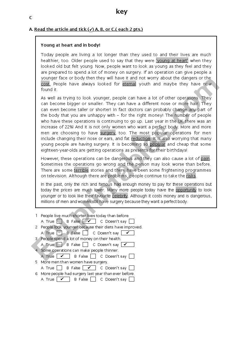 11 th classes exam KEY worksheet