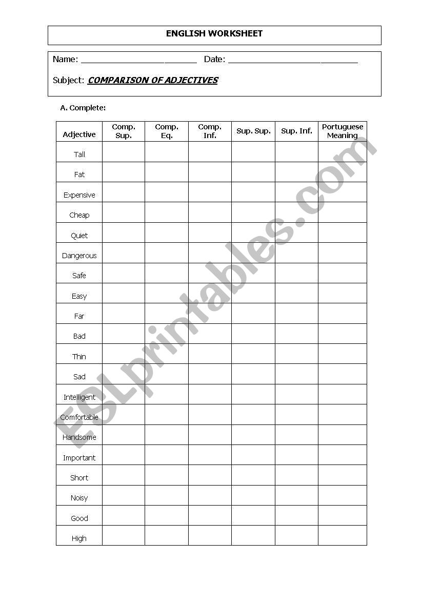 Adjective degrees worksheet