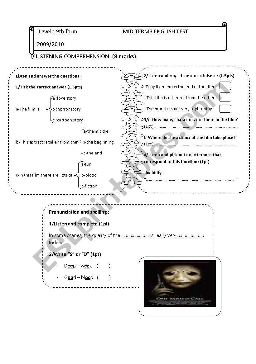 MID TERM 3 TEST (9th ) worksheet