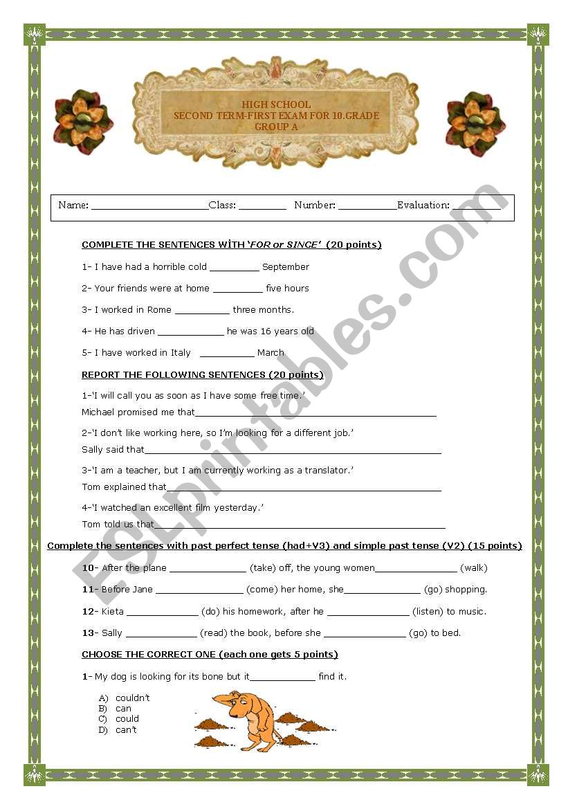 exam for 9. class worksheet